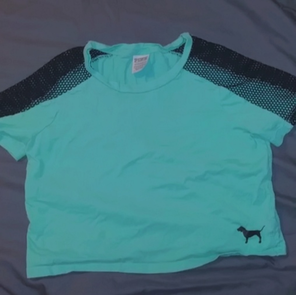 PINK- VS teal, mesh shoulder crop top